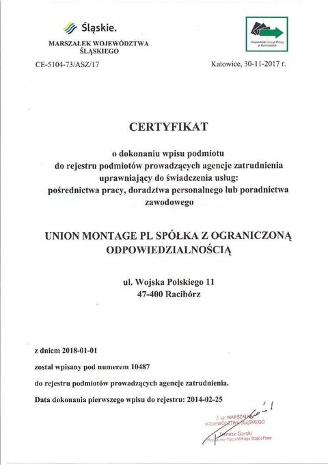 UNION MONTAGE PL Sp. z.o.o. – Racibórz
